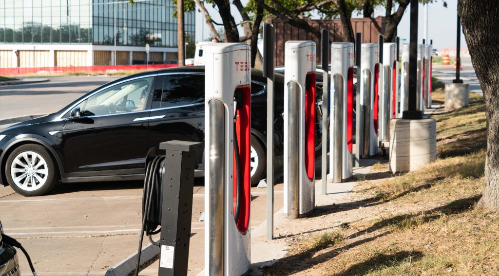 row of testla rapid chargers